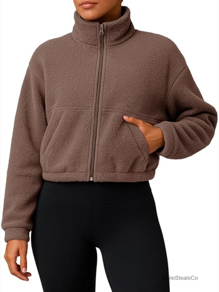 Cropped Zip Up Fleece Sherpa Jacket, Relaxed Fit, Long Sleeve, Machine Wash